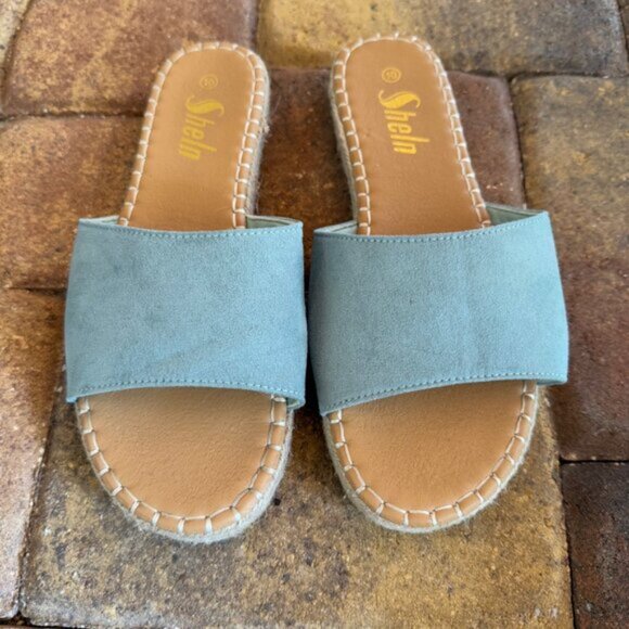 Shein Blue Faux‎ Suede Slides Rattan Like Sides Size 10 - Picture 2 of 8